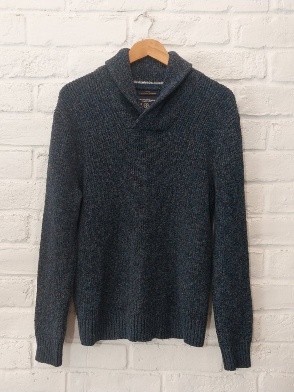 American Eagle Mens L Vintage Chunky Cable Knit Pullover Sweater Blue Wool Blend